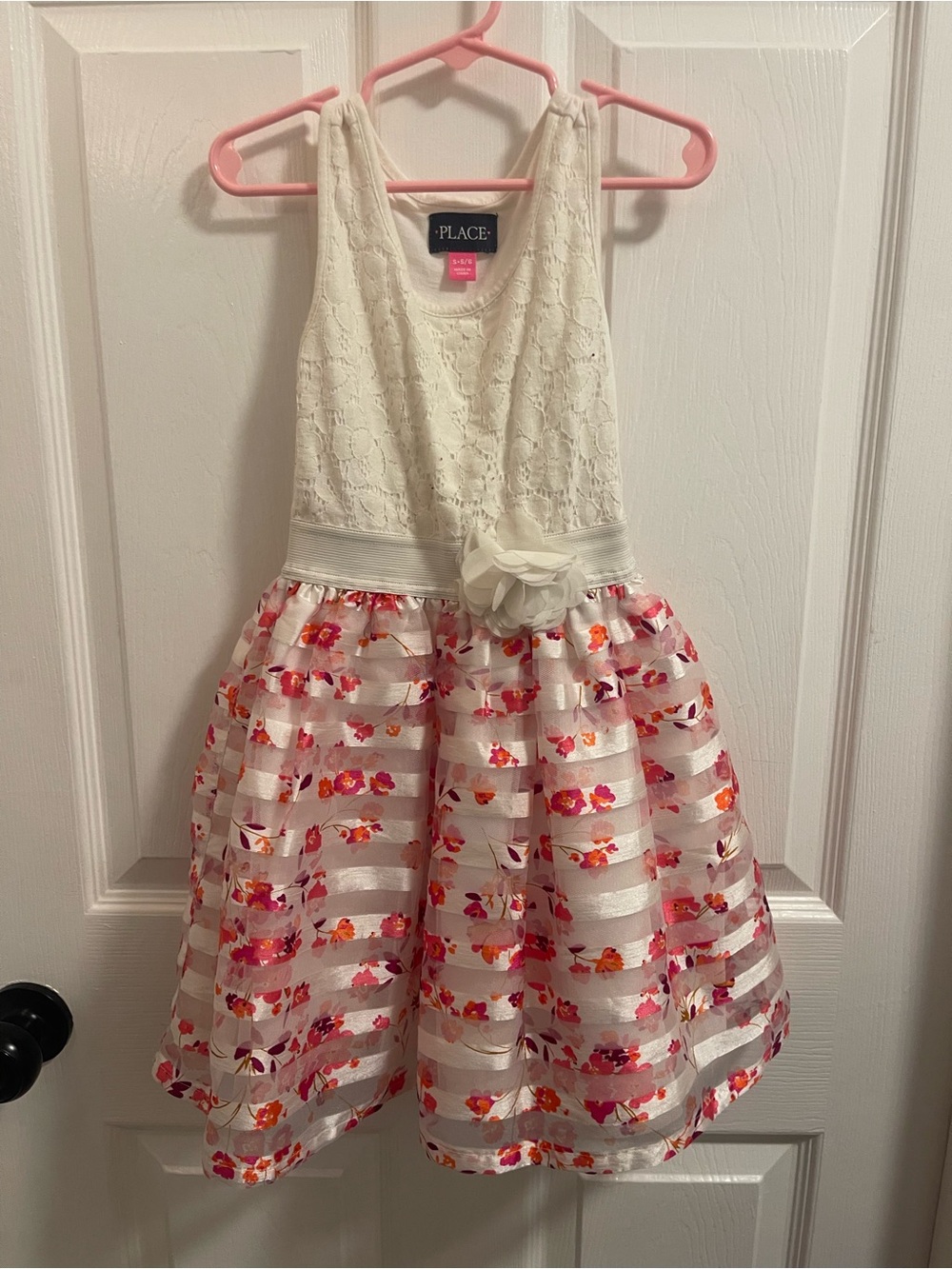 Place Cream Dress with Pink and Orange Floral Stripes